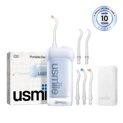 usmile C10 Portable Dental Flosser x extra Replacement Dual-Flow Nozzle Premium Care Bundle
